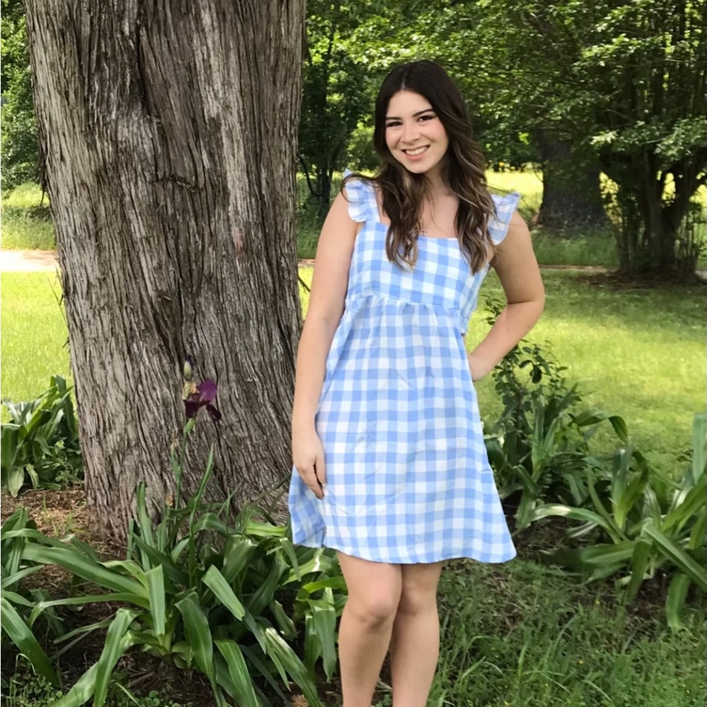 Gingham Blue White Check Square Neck Mini Summer Vacation SunDress Women Size XS